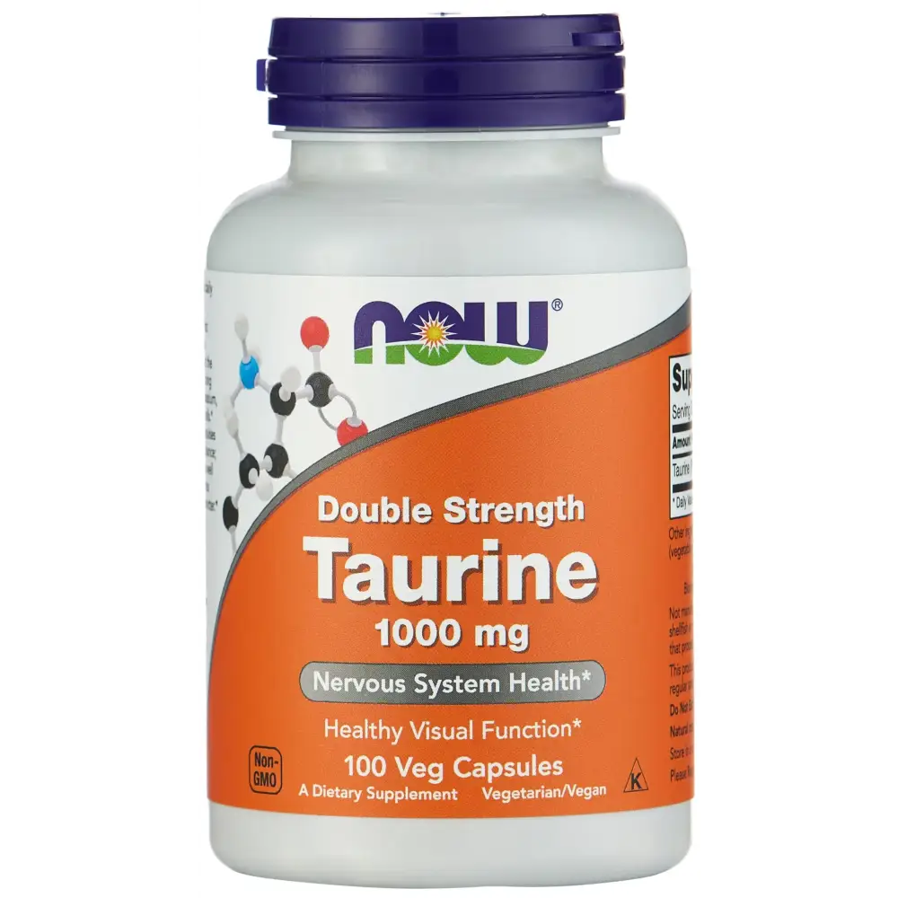 A white plastic bottle with a purple cap and an orange label featuring the now brand name, labeled as ’double strength taurine 1000 mg’ containing 100 vegetarian capsules.