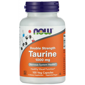A white plastic bottle with a purple cap and an orange label featuring the now brand name, labeled as ’double strength taurine 1000 mg’ containing 100 vegetarian capsules.