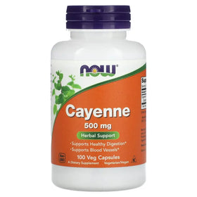 White plastic bottle with a purple cap and an orange label featuring the now brand name, displaying ’cayenne 500 mg’ as its contents.