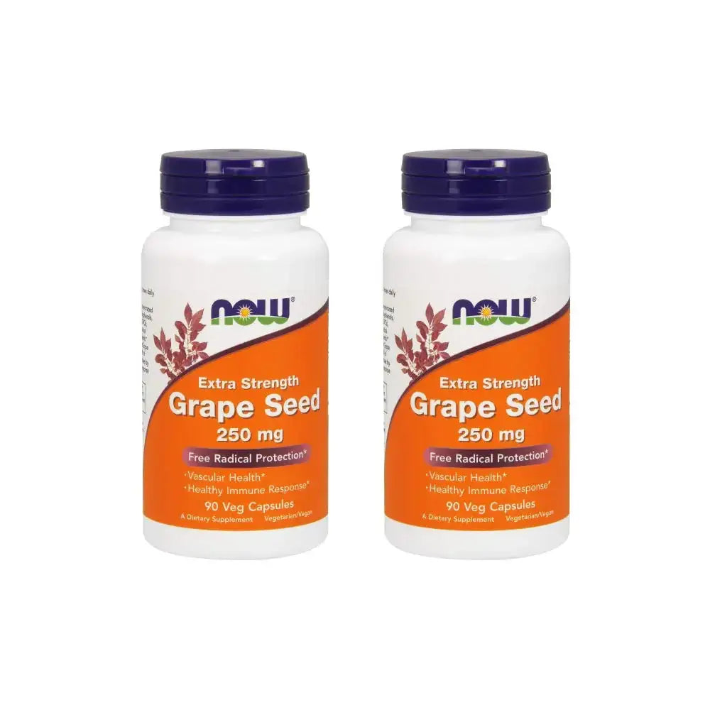 Two white plastic bottles with orange labels and dark purple caps, each labeled ’now extra strength grape seed 250 mg’ for dietary supplement use.
