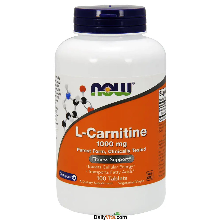 White plastic bottle with a dark blue cap and an orange label featuring the ’now’ brand name, displaying l-carnitine 1000 mg tablets.
