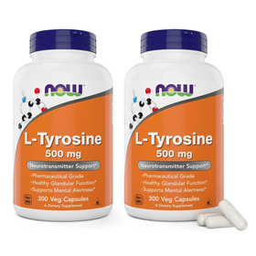 Two white plastic bottles of now foods l-tyrosine 500 mg dietary supplement, each with a blue cap and orange label featuring the brand logo.
