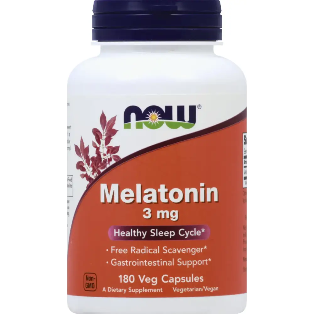 White plastic bottle with a dark blue cap and an orange label featuring the now brand logo, displaying ’melatonin 3 mg’ for healthy sleep cycle support.