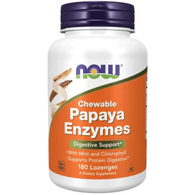 White plastic bottle with a purple cap and an orange label featuring the ’now’ brand logo, labeled as ’chewable papaya enzymes.’