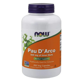 White plastic bottle with a purple cap and an orange label featuring the ’now’ brand name, displaying pau d’arco herbal supplement capsules.
