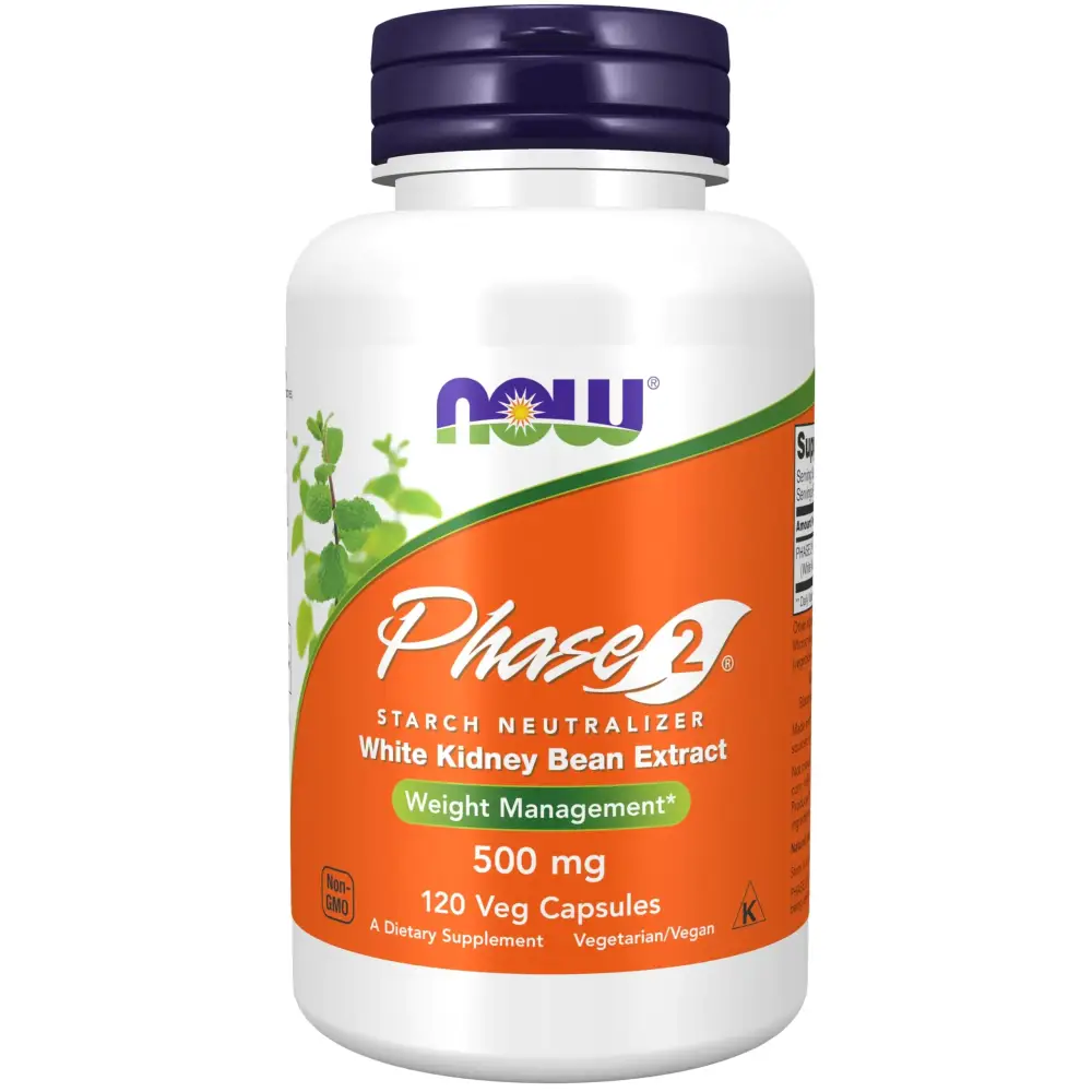 White plastic bottle with a purple cap and an orange label featuring the ’now’ brand logo, displaying ’phase 2 starch neutralizer white kidney bean extract’ for weight management.