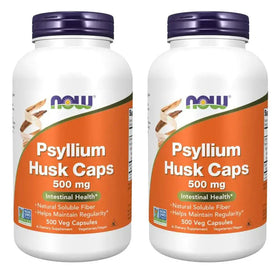 Two white plastic bottles with purple caps, each labeled ’now psyllium husk caps 500 mg’ on an orange and green label.