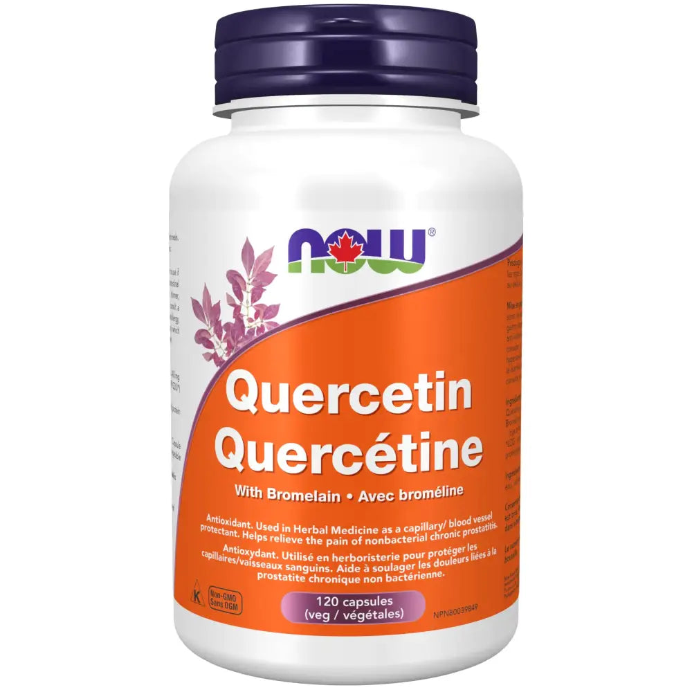 White plastic bottle with a purple cap and an orange label featuring the now brand logo, displaying ’quercetin’ in bold white text.