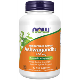 White plastic bottle with a purple cap and an orange label featuring green leaf graphics, branded as ’now’ ashwagandha 450 mg dietary supplement.