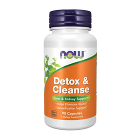 White plastic bottle with a purple cap and an orange label featuring the ’now’ brand name, labeled as ’detox & cleanse,’ containing 90 capsules for liver and kidney support.