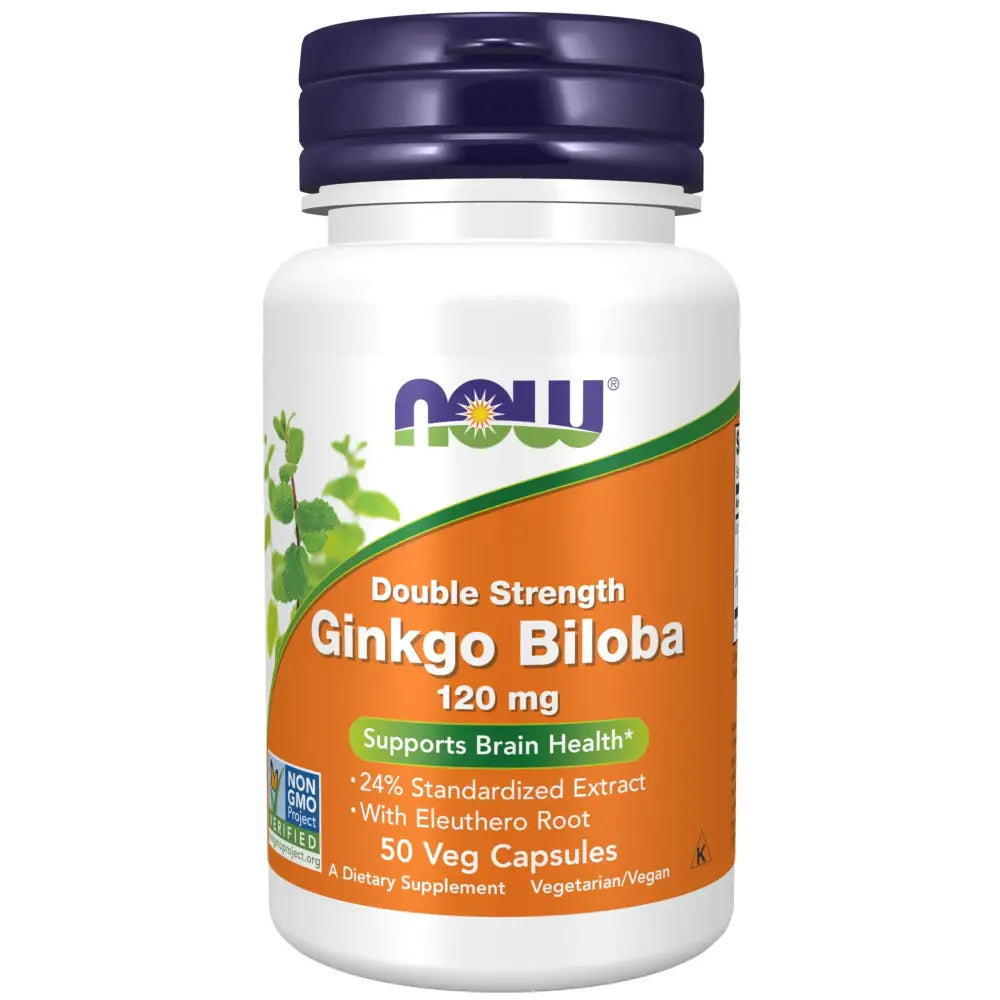 White plastic bottle with a purple cap and an orange label featuring the now brand logo, labeled ’double strength ginkgo biloba 120 mg’ for brain health support.