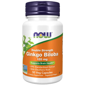 White plastic bottle with a purple cap and an orange label featuring the now brand logo, labeled ’double strength ginkgo biloba 120 mg’ for brain health support.