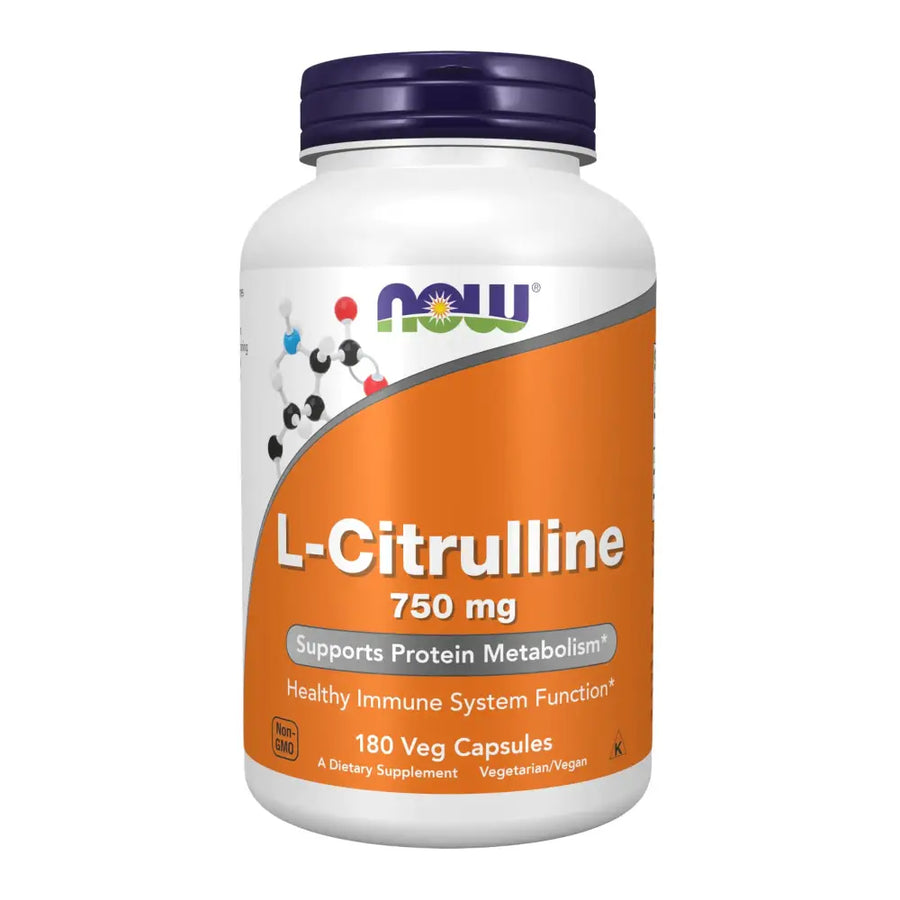 White plastic bottle with a purple cap and an orange label featuring the now brand name, displaying l-citrulline 750 mg dietary supplement capsules.