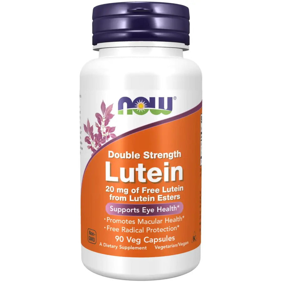 White plastic bottle with a purple cap and an orange label featuring the now brand logo, labeled ’double strength lutein’ containing 90 veg capsules.