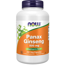 White plastic bottle with a purple cap and an orange label featuring the ’now’ brand name, displaying panax ginseng 500 mg capsules.