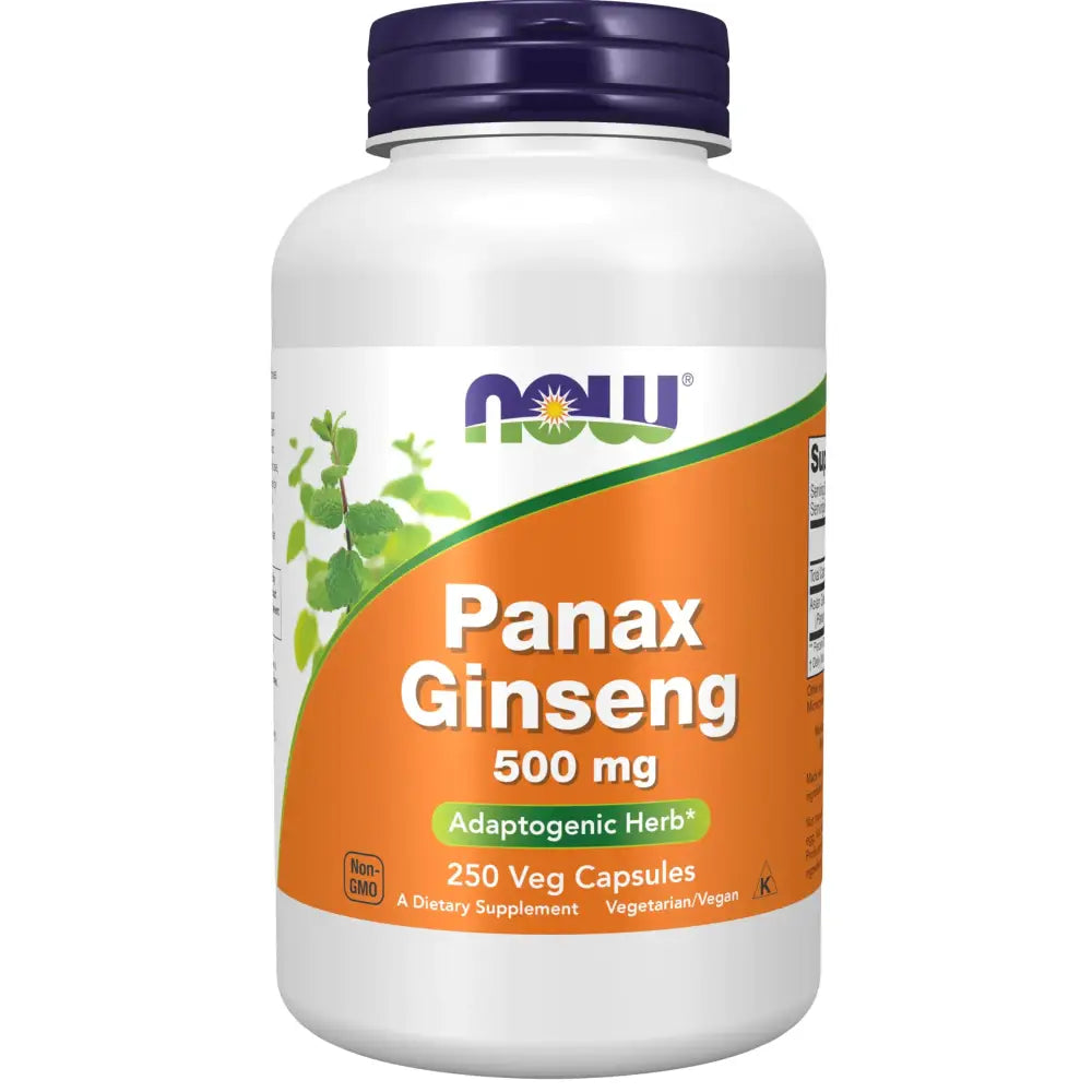White plastic bottle with a purple cap and an orange label featuring the ’now’ brand name, displaying panax ginseng 500 mg capsules.