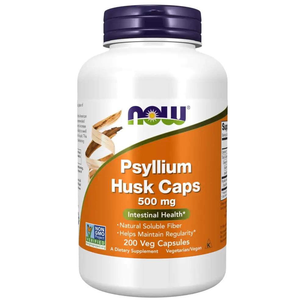 White plastic bottle with a purple cap and an orange label featuring the now brand name, labeled ’psyllium husk caps 500 mg’ for intestinal health.