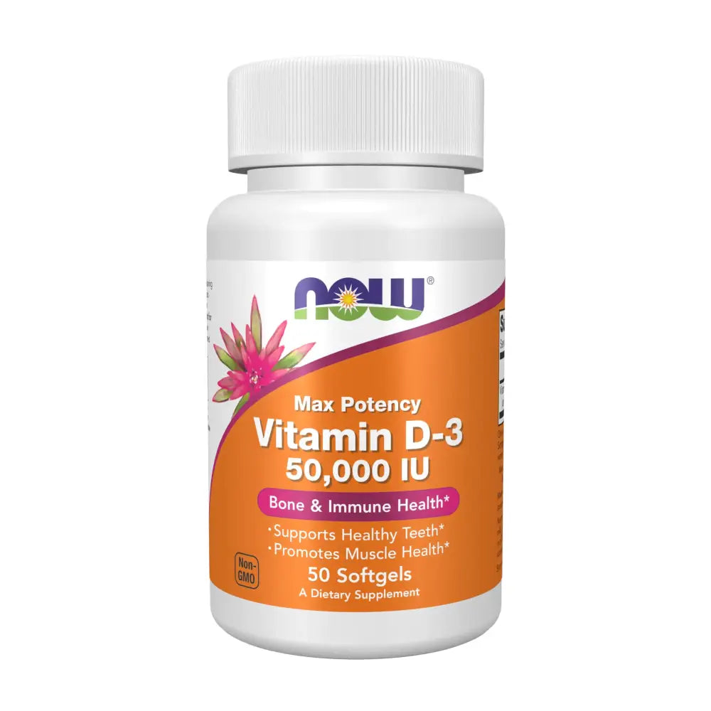 White plastic bottle of now foods max potency vitamin d-3 50,000 iu softgels with an orange and purple label featuring a pink flower design.