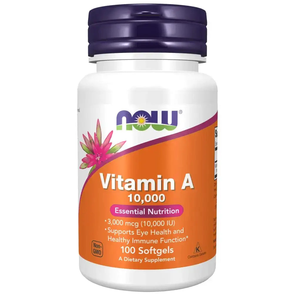 A white plastic bottle with a purple cap and an orange label featuring the now brand logo, displaying ’vitamin a 10,000’’ in bold text.