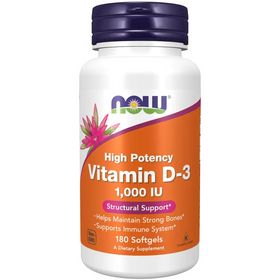 White plastic bottle with a purple cap and an orange label featuring the now brand logo, pink flower design, and text indicating ’high potency vitamin d-3 1,000 iu’ for structural support.