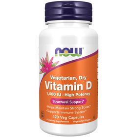 White plastic bottle with a purple cap and an orange label featuring the ’now’ brand logo, displaying vegetarian dry vitamin d 1000 iu in 120 veg capsules.
