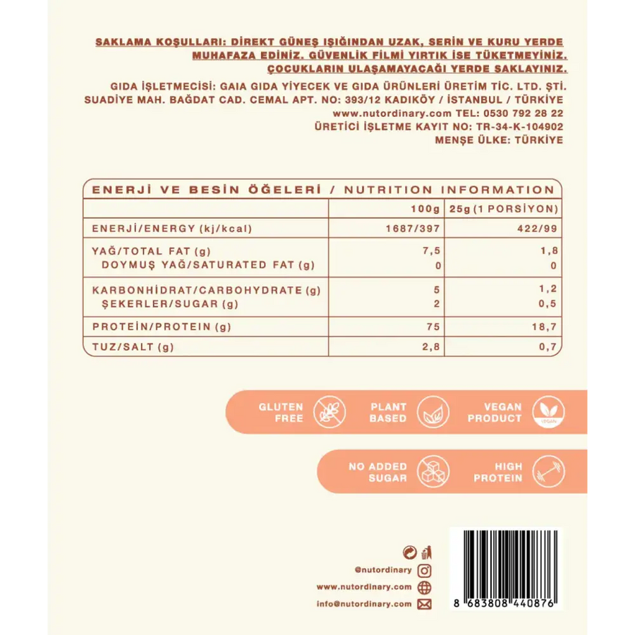 The back label of a plant-based, vegan protein powder product from the brand nutordinary.