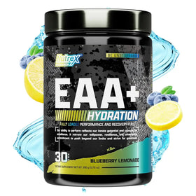 Black cylindrical container of nutrex research eaa+ hydration in blueberry lemonade flavor.