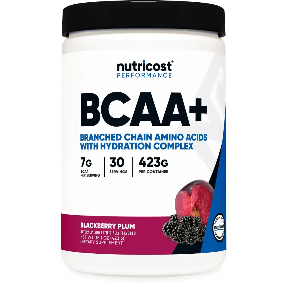 White plastic container with black lid and label featuring ’bcaa+’ branding, a blackberry plum flavor illustration, and nutritional information for a dietary supplement.