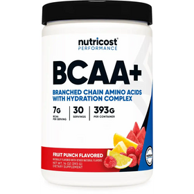 White plastic container with black lid and red label, featuring ’nutricost performance bcaa+’ branding for a fruit punch flavored dietary supplement.