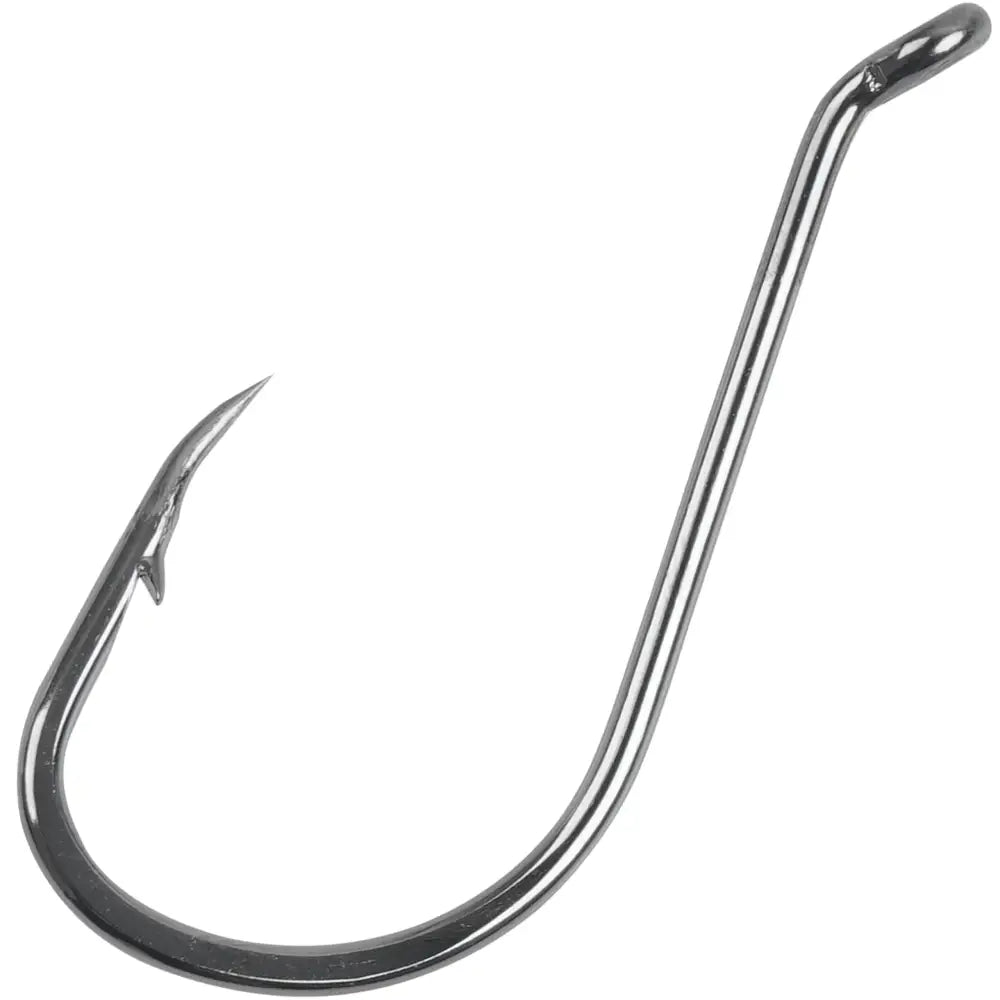 Shiny silver fishing hook with a curved, sharp point and a sturdy eyelet at the top.