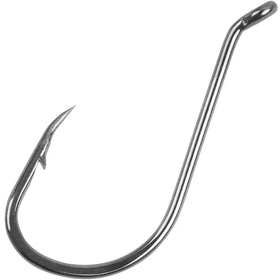 Shiny silver fishing hook with a curved, sharp point and a sturdy eyelet at the top.