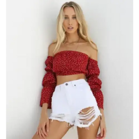 Off-Shoulder Polka Dot Chiffon Long Sleeve Top