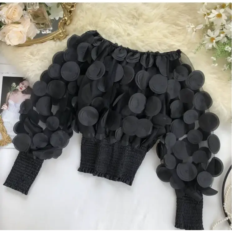 Off-Shoulder Waist-Defined Chiffon Top with Puff Sleeves