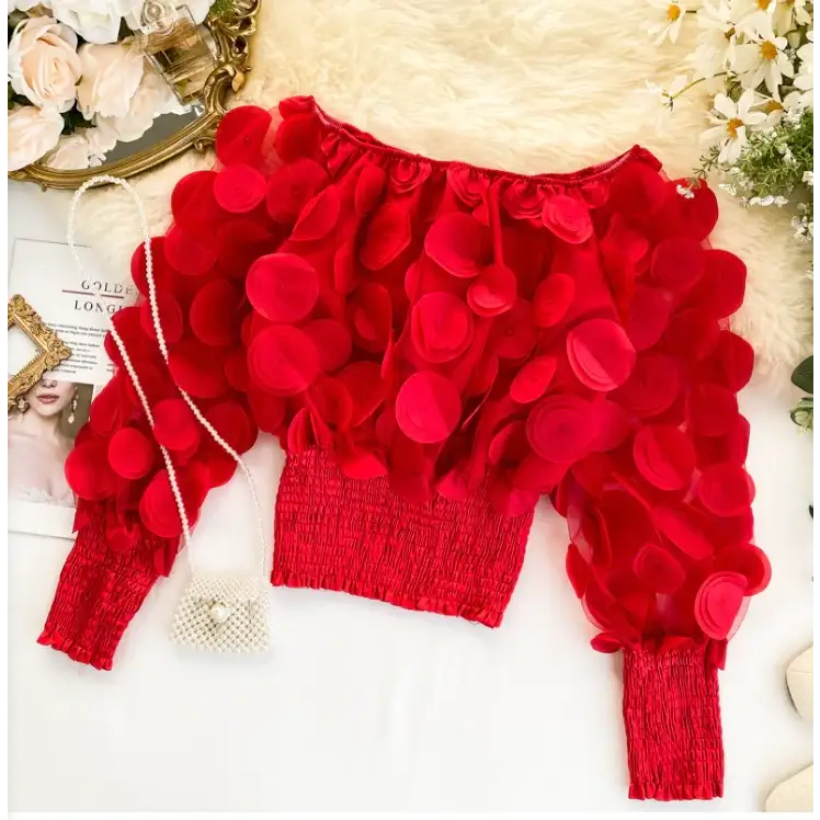 Off-Shoulder Waist-Defined Chiffon Top with Puff Sleeves