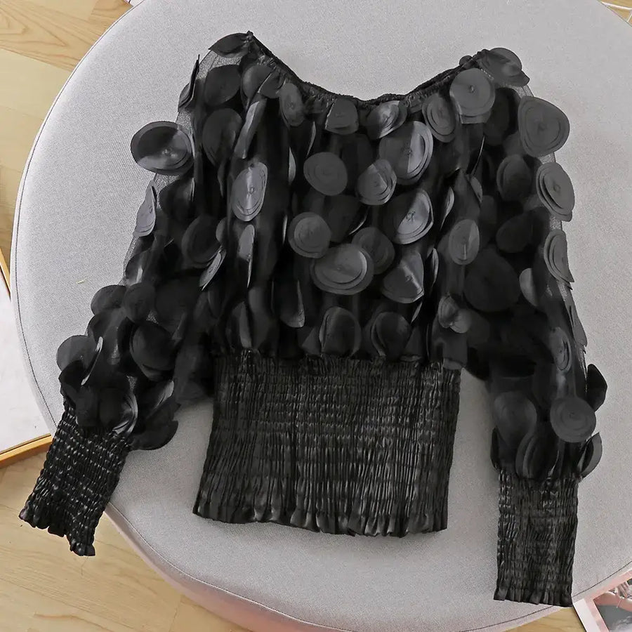 Off-Shoulder Waist-Defined Chiffon Top with Puff Sleeves