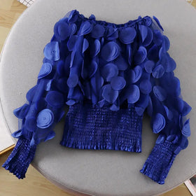 Off-Shoulder Waist-Defined Chiffon Top with Puff Sleeves