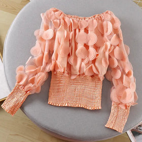 Off-Shoulder Waist-Defined Chiffon Top with Puff Sleeves