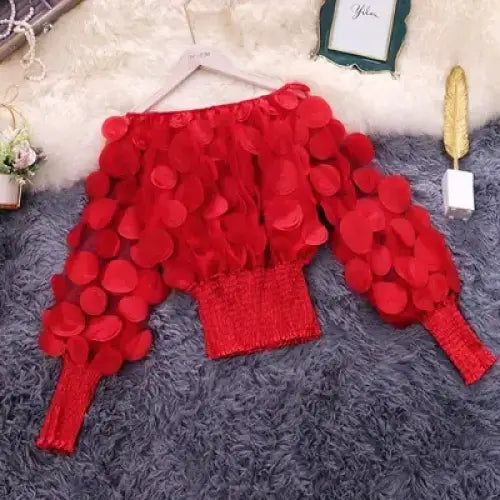 Off-Shoulder Waist-Defined Chiffon Top with Puff Sleeves