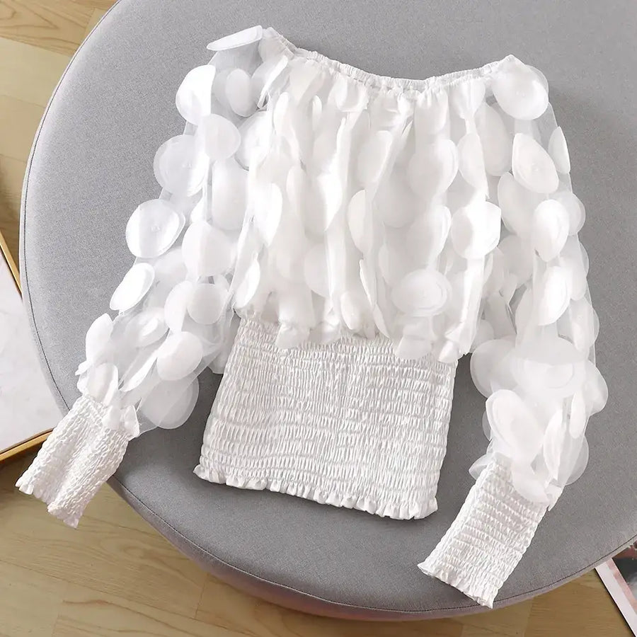 Off-Shoulder Waist-Defined Chiffon Top with Puff Sleeves