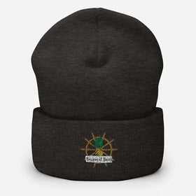 Dark heather gray cuffed knit beanie featuring an embroidered pineapple with a ship’s wheel and ’tropical seas’ banner.