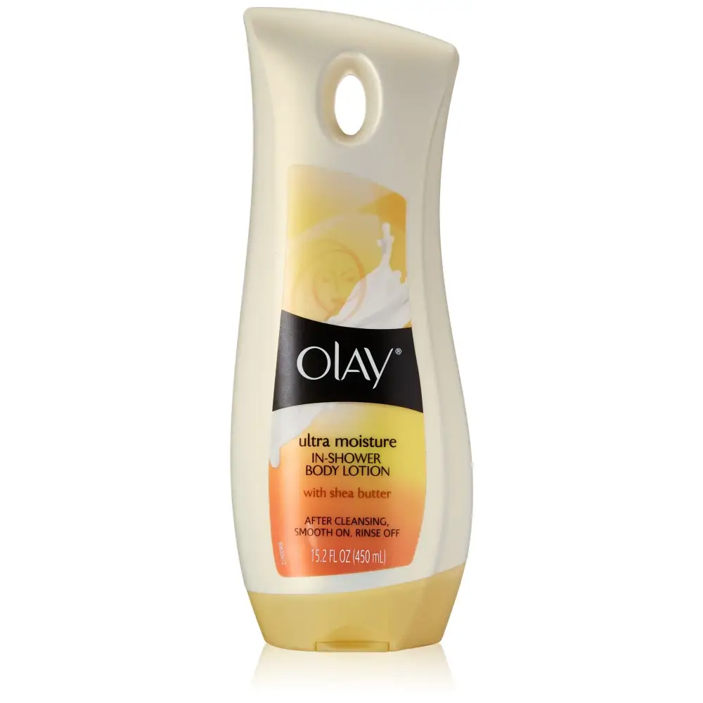 Olay ultra moisture in-shower body lotion with shea butter in a sleek, cream-colored bottle featuring an orange and yellow label.
