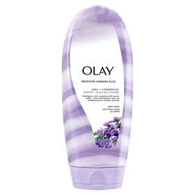 A translucent purple bottle of olay moisture ribbons plus body wash with a sleek, curved design and lavender-themed label.