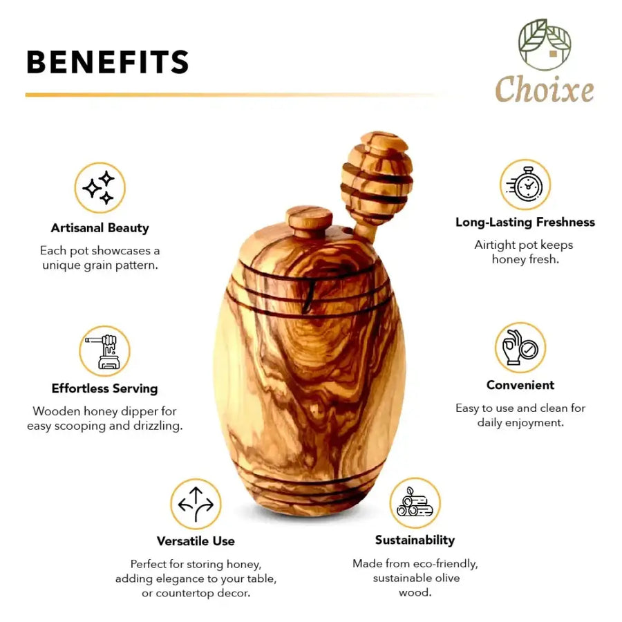 Elegant olive wood honey pot with a natural grain pattern and a matching wooden dipper.