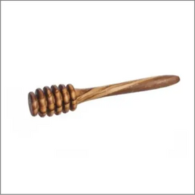 A wooden honey dipper with a natural brown finish and spiral grooves along its head.