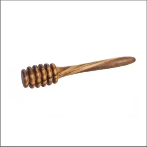 A wooden honey dipper with a natural brown finish and spiral grooves along its head.