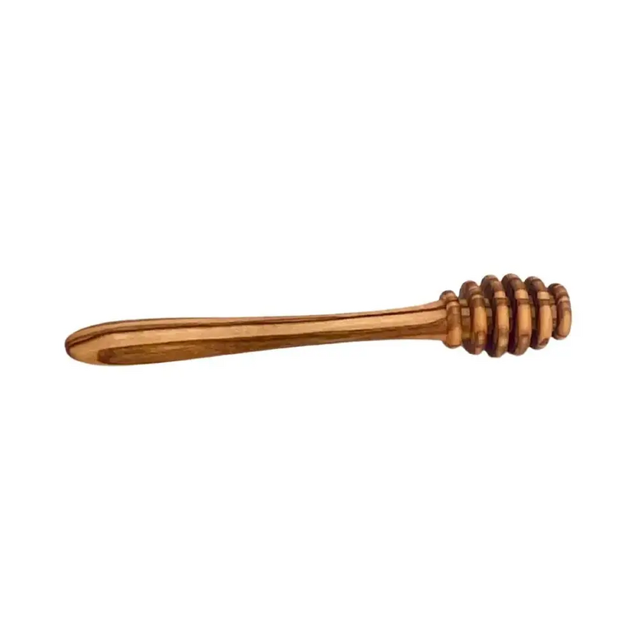 A wooden honey dipper with a smooth, light brown finish and natural wood grain patterns.