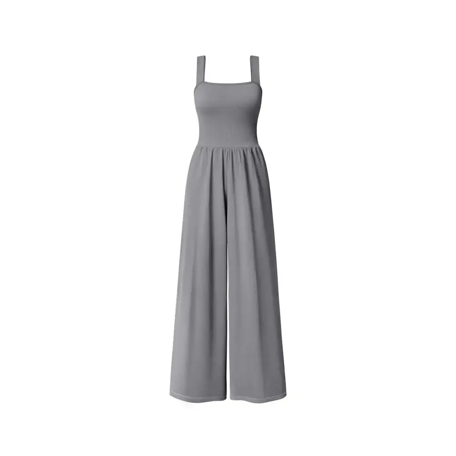 A sleek, solid gray wide-leg jumpsuit with thin square shoulder straps and a ribbed bodice.