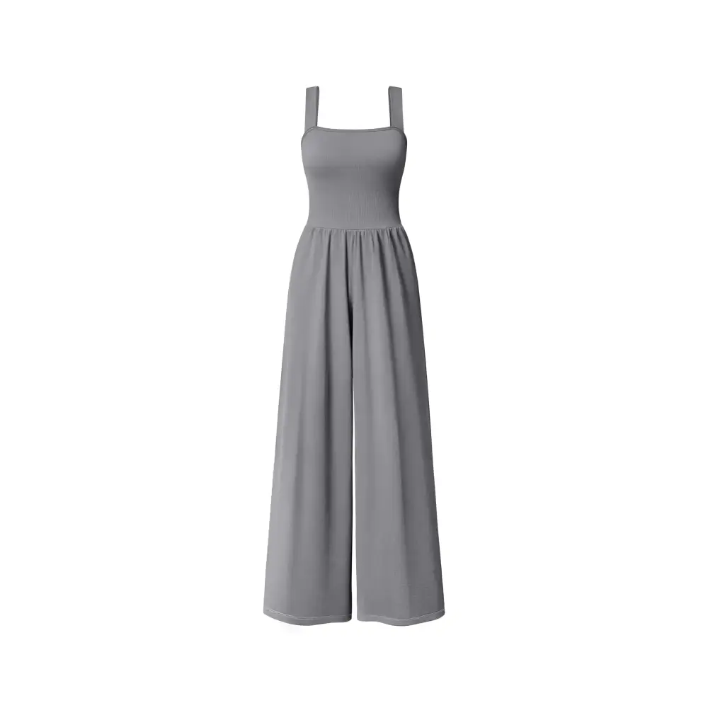 A sleek, solid gray wide-leg jumpsuit with thin square shoulder straps and a ribbed bodice.
