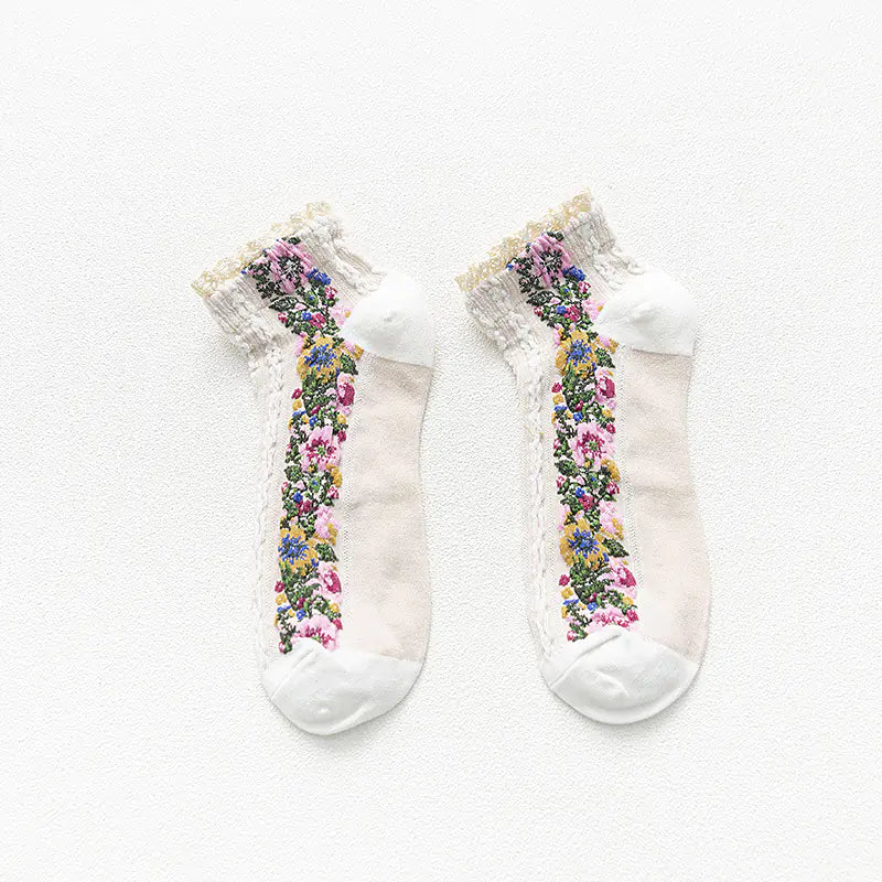 Women's Retro Floral Lace Cotton Boat Socks - Joomcy