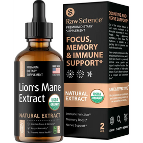 Raw science lion’s mane extract in a dark amber glass bottle with black dropper cap and matching box, featuring usda organic certification.